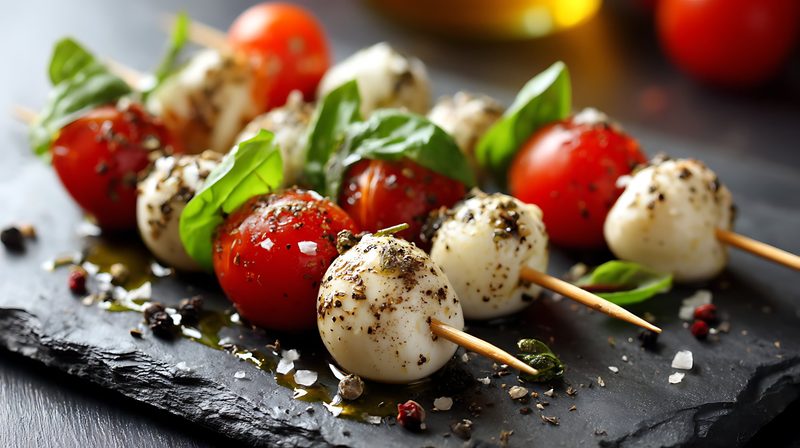 Tomate-Mozzarella-Spieße auf Schiefer – Vegetarisches Fingerfood